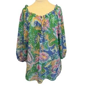 Chaps Pink Green Paisley Print On or Off shoulder Chiffon Blouse size 3X
